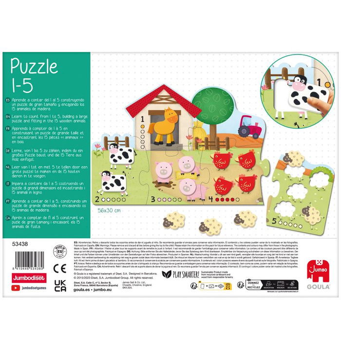 Duże drewniane puzzle dla dzieci Zwierzęta i cyfry 1-5 Goula