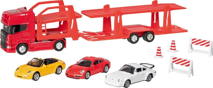 Samochody zabawki Transporter z lawetą Super Truck Scania V8 i 3 metalowe autka Goki
