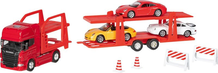 Samochody zabawki Transporter z lawetą Super Truck Scania V8 i 3 metalowe autka Goki