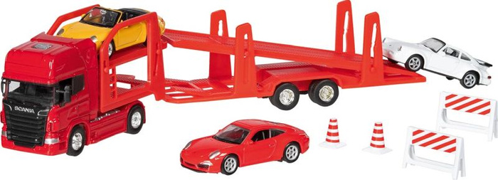 Samochody zabawki Transporter z lawetą Super Truck Scania V8 i 3 metalowe autka Goki