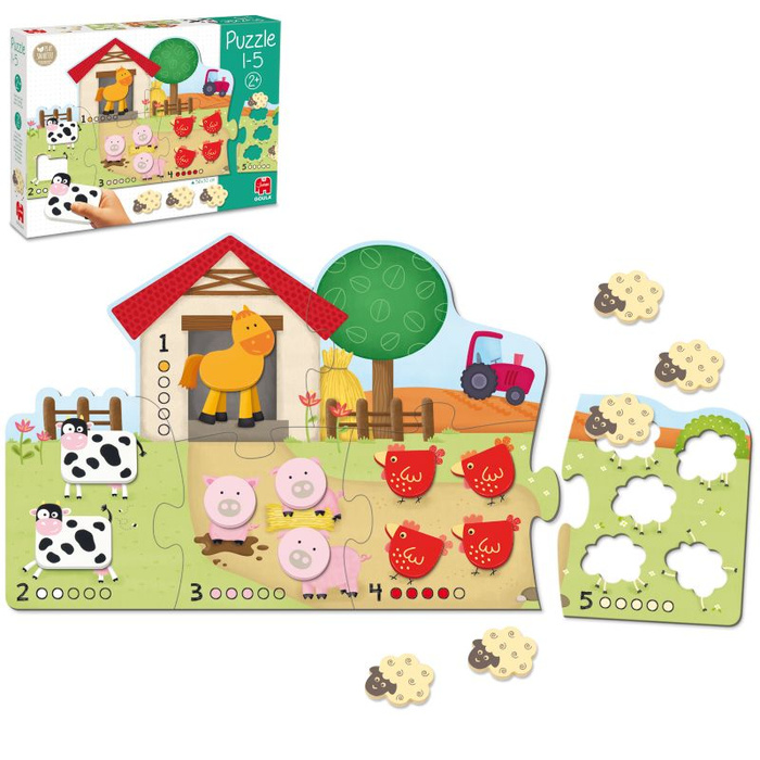 Duże drewniane puzzle dla dzieci Zwierzęta i cyfry 1-5 Goula