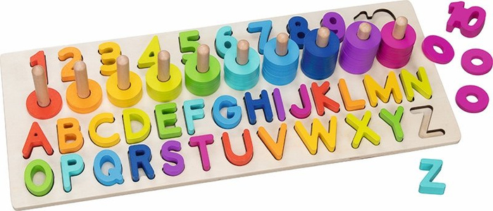Sorter na palikach drewniana układanka literki i kolory Goki