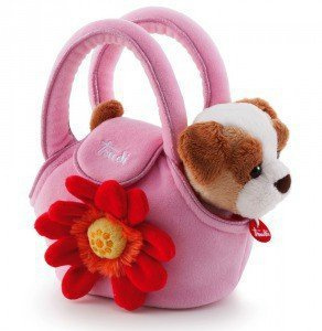 Piesek w różowej torebce z kwiatkiem